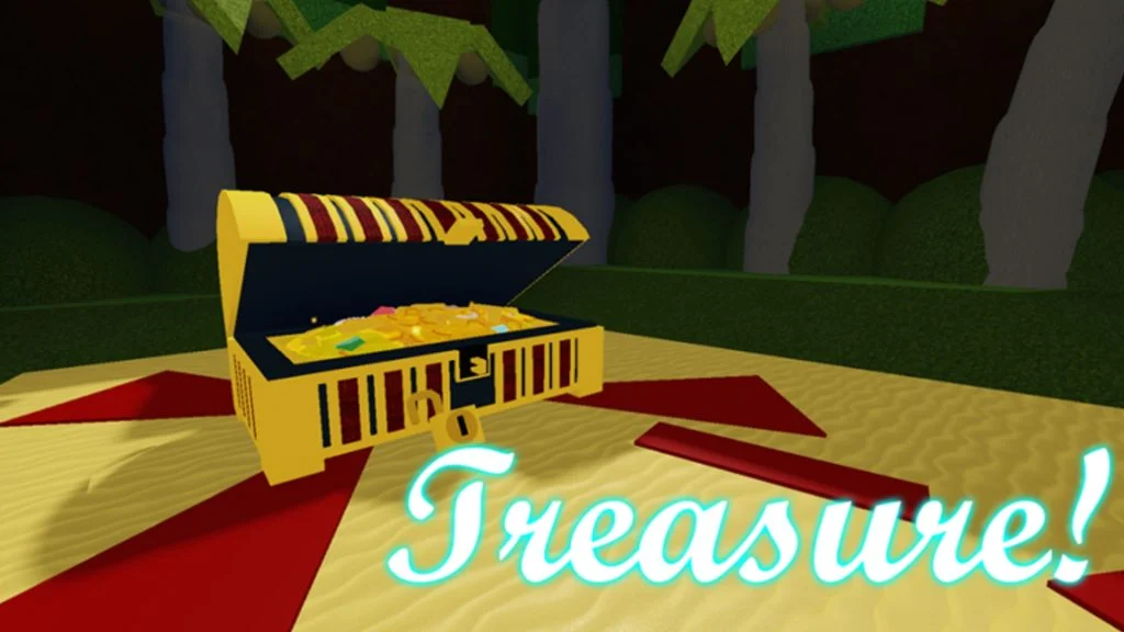 Open treasure chest  in the middle of a forest with gold coins inside