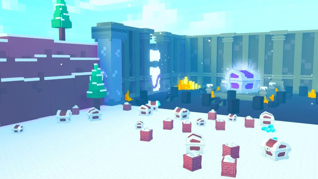 Pet simulator x codes: snowy area with boxes and chests