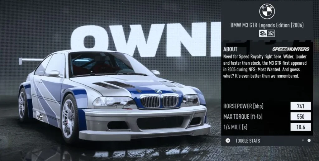 BMW M3 GTR Legends Edition (2006) Stats in NFS Unbound