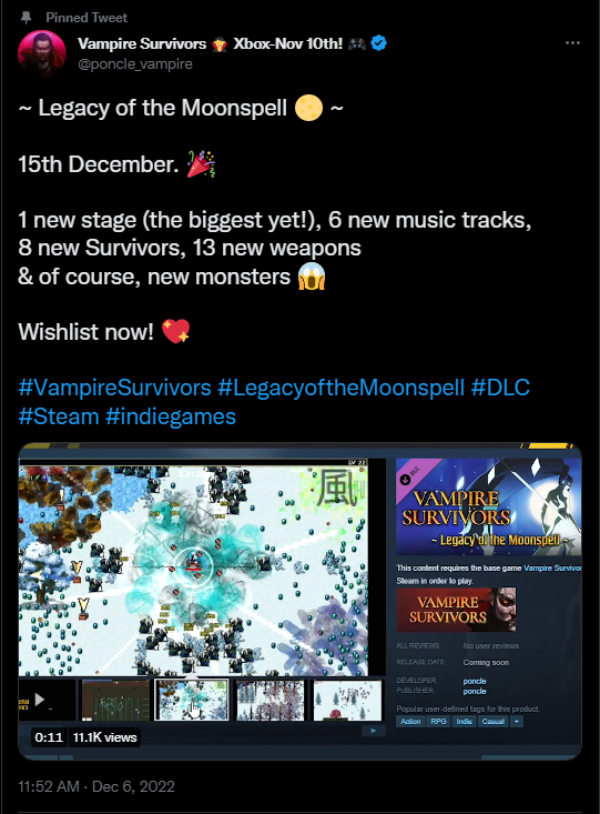 Vampire Survivors Legacy of the Moonspell DLC Announced for Dec. 15