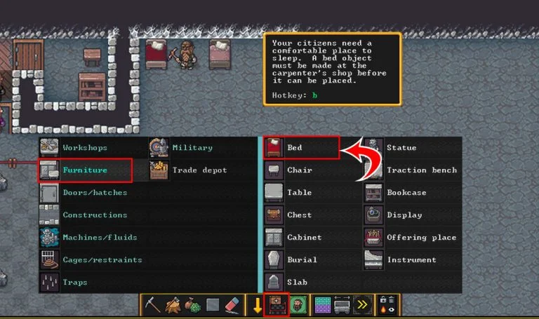 How to Build a Bedroom in Dwarf Fortress - Placing Bed