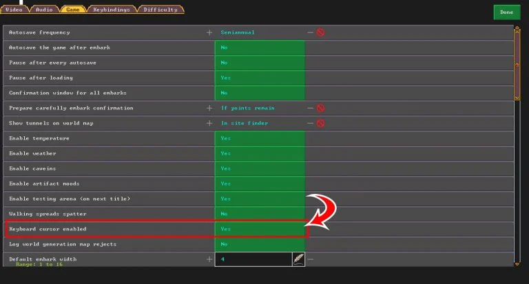 Enabling Keyboard Cursor in Dwarf Fortress