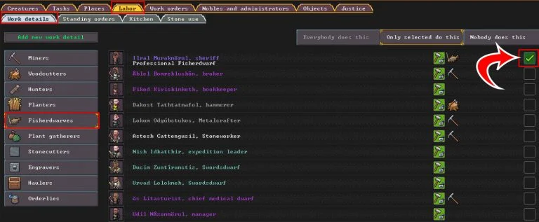 Assigning a Fisherdwarf in Dwarf Fortress