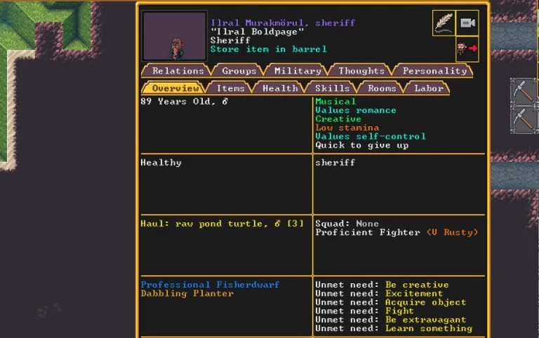Character Details Screen in Dwarf Fortress