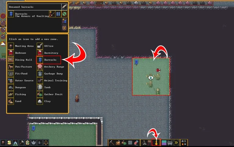 Setting Barracks Zone in Dwarf Fortress