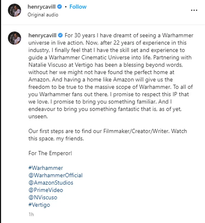 Henry Cavill Instagram Announcing Warhammer Series