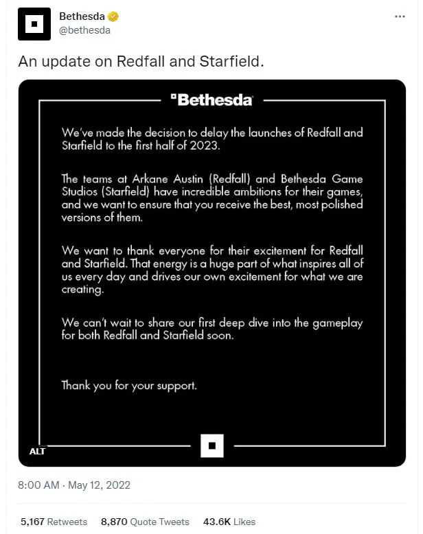 Starfield Release Window Tweet