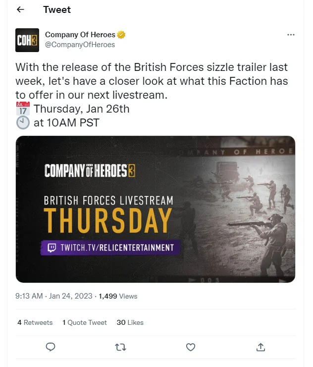 Company of Heroes British Forces Livestream Tweet
