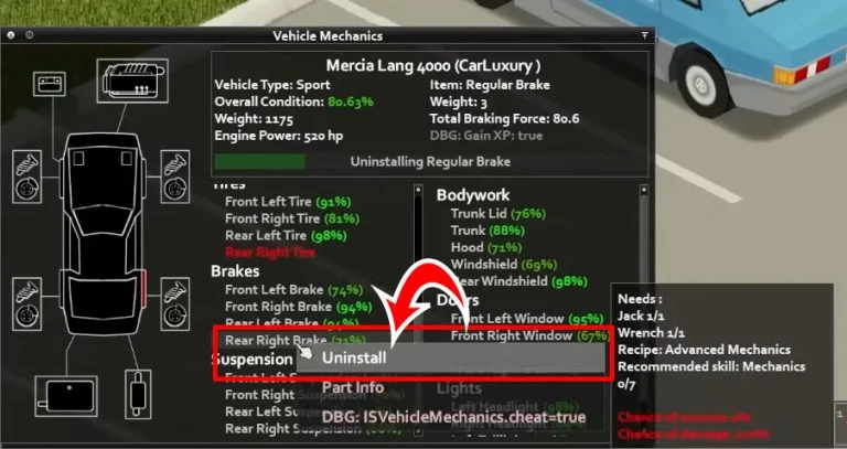 Uninstalling Brake in Project Zomboid