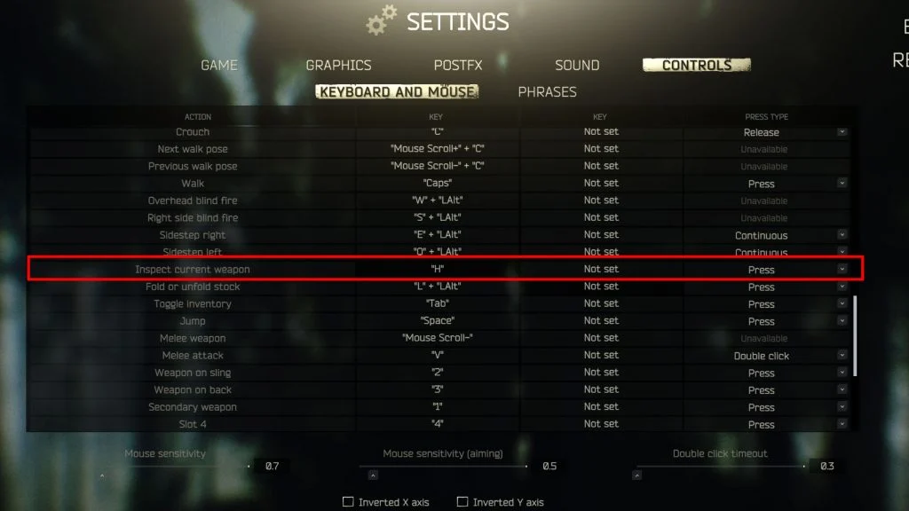 Settings for inspecting weapon, Tarkov