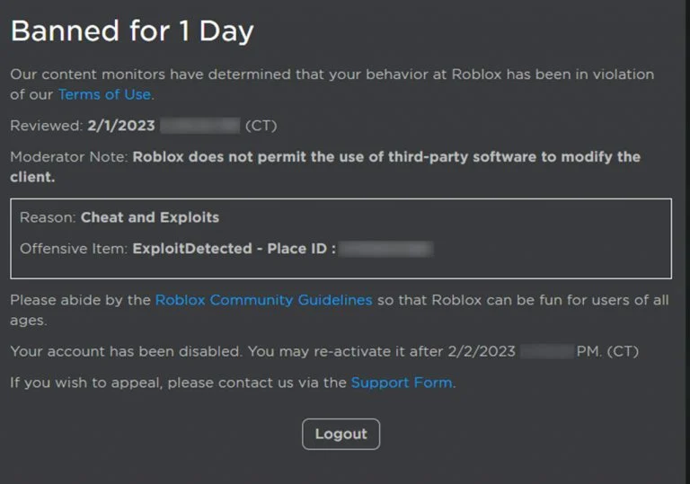 Roblox anti-cheat ban 1 day suspension