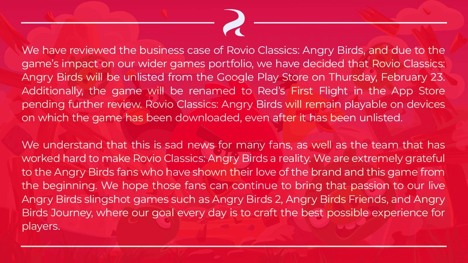 Rovio Classics Angry Birds Statement