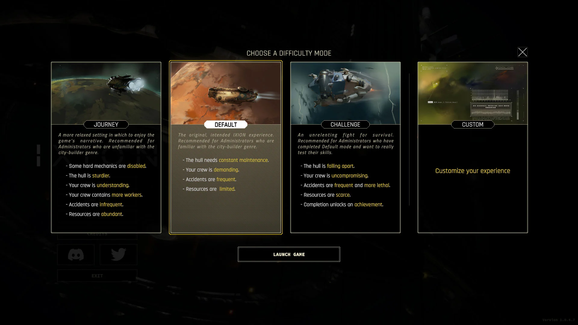 IXION Difficulty Options