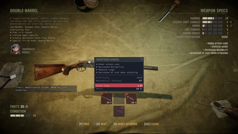 Double-Barrel Shotgun Modify Weapon Screen Jagged Alliance 3